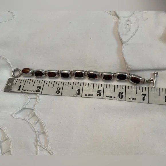 VINTAGE .950 SILVER MAHOGANY OBSIDIAN 9 LINK BRACELET, TOGGLE CLASP 36 GRAMS - Picture 9 of 16